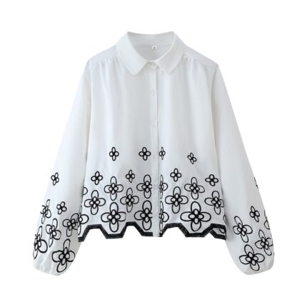European And American Style French Style Design Sensitive Diligent Style Fashion Hollowed-out Flower Embroidered Shirt